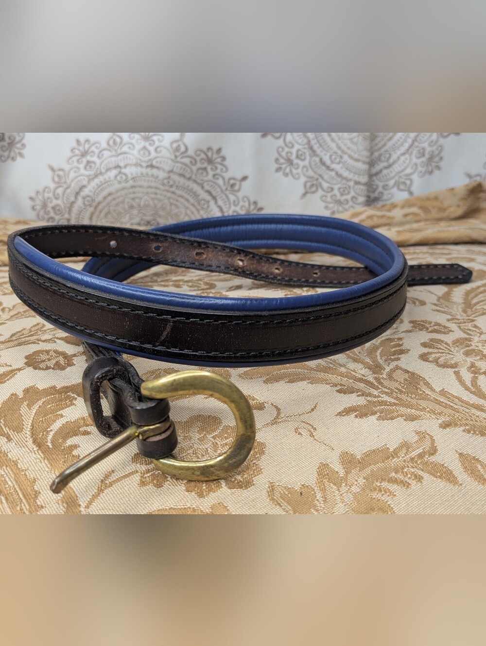 Vtg Amish Perri's Dark Periwinkle Padded Leather Belt Brass Buckle Size 33"-38"